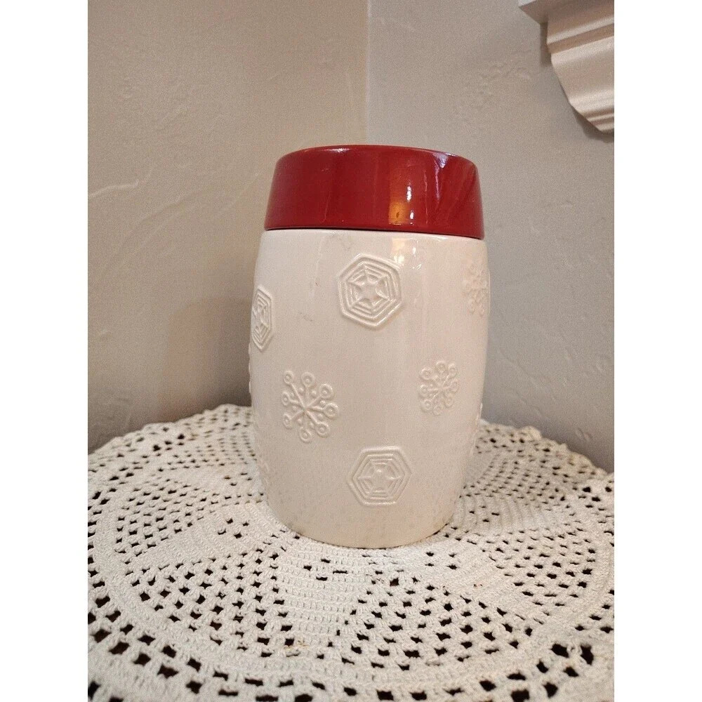 2011 Starbucks Red white Holiday Snowflake Ceramic Coffee Canister 7